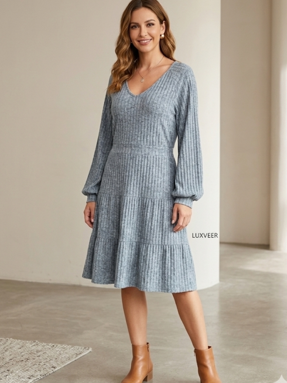 Luxveer Soft Blue Ribbed V-Neck Midi Dress